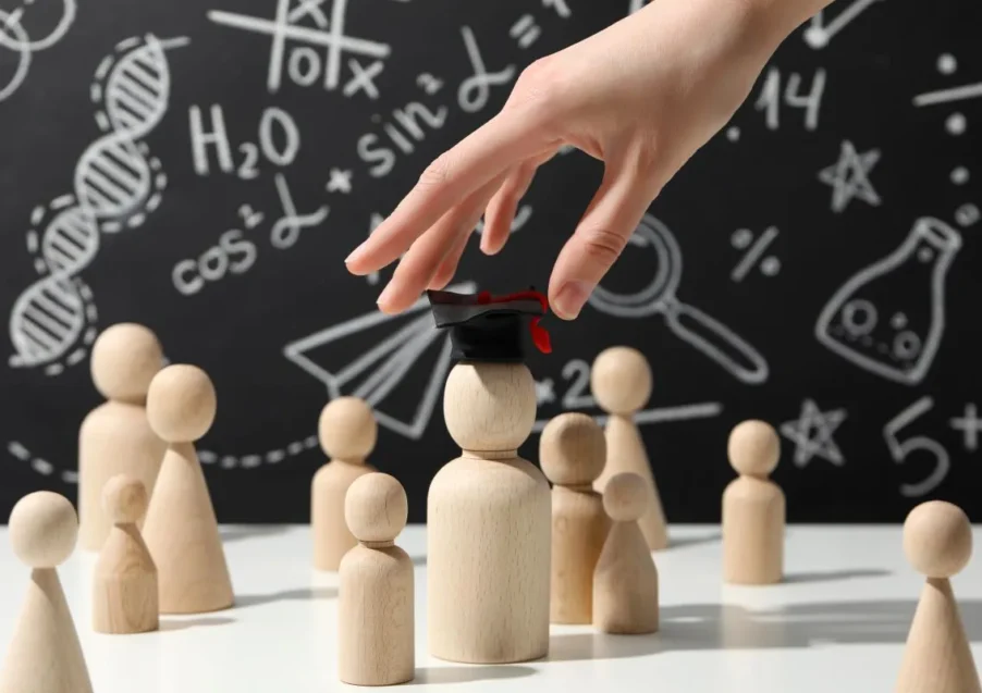 wooden figurines depicting supply teachers and being picked by a hand in front of a chalkboard